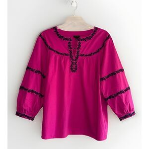 Talbots Pink Embroidery Blouse Top Puff Sleeve Peasant Split Neck Cottage Medium